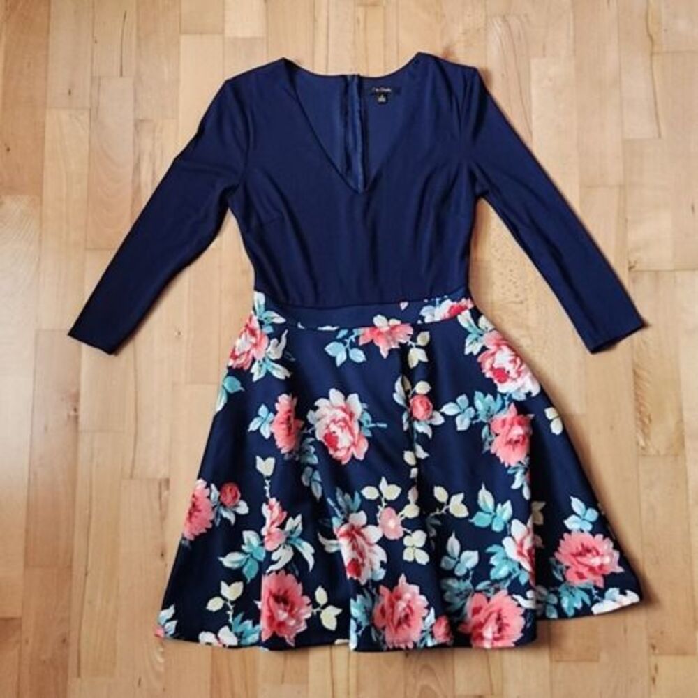 City Studio Navy Dress with Floral Skirt, 3/4 sleeve, Size 5,